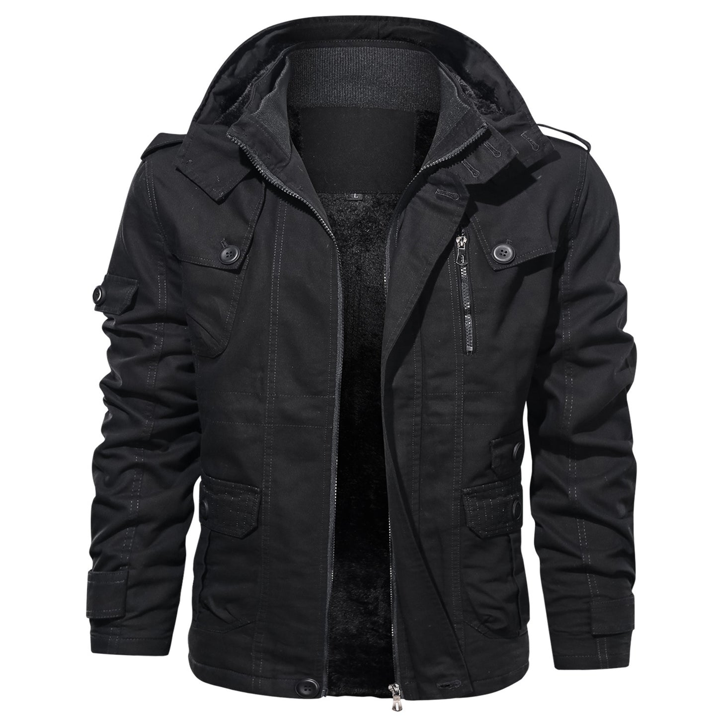 Outdoor Trendy Plus Size Men's Jacket Military Cotton Coat Fleece Lined Thickened Fashion Multi-Pocket Badge