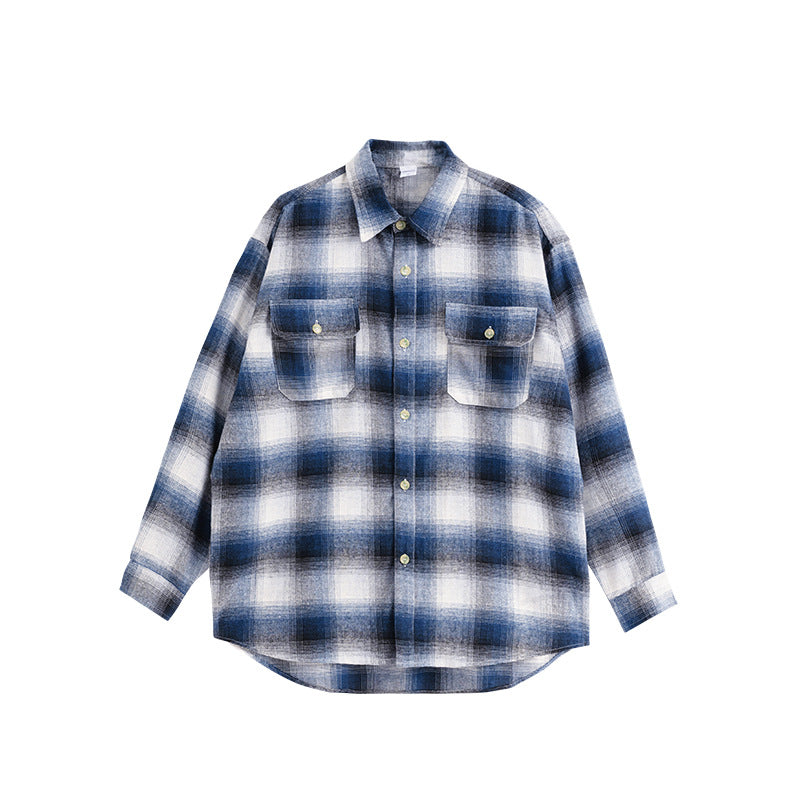 Men's Shirts New  Gradient Plaid Shirt Classic Retro Checkered Cotton Pocket Top