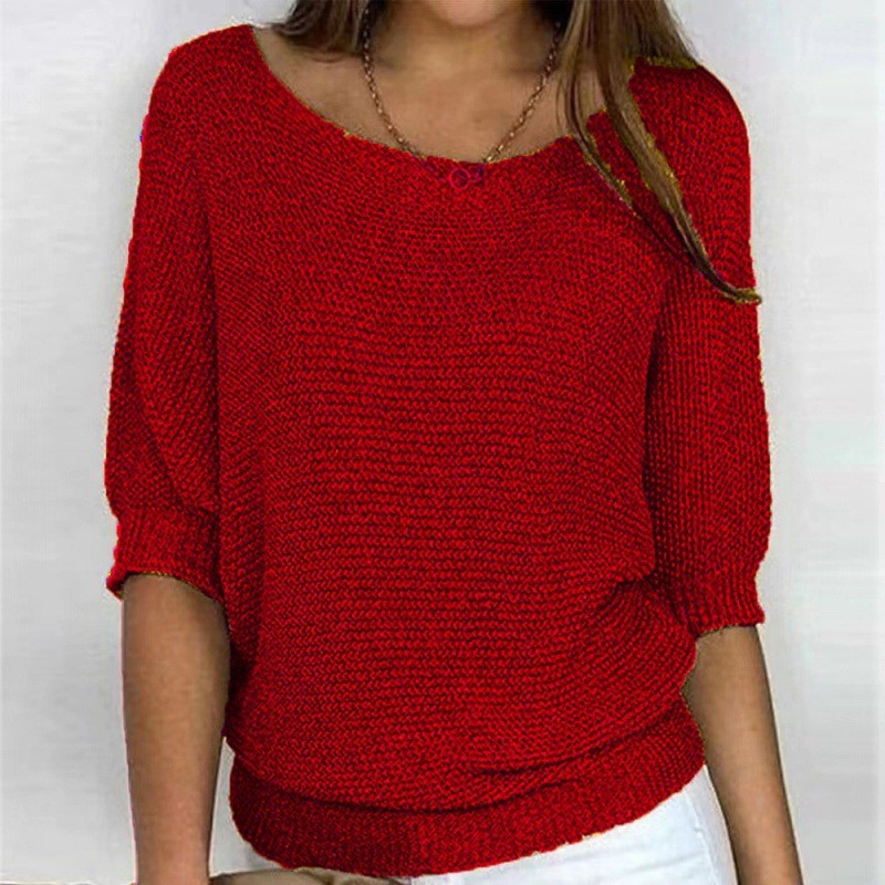 Women's Solid Color Crew Neck Knitted Sweater Lightweight 3/4 Sleeve Pullover Air-Conditioned Cardigan Top Plus Size