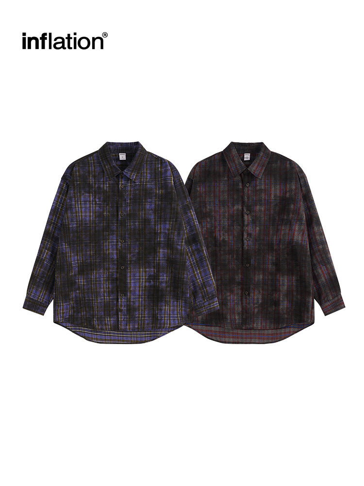 Men's Shirts New Dirty Dyed Plaid Shirt New Wasteland Style Dirty Fit Loose Plaid Shirt