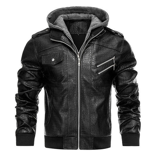 Men's outerwear PU crocodile print jacket hooded retro leather jacket winter new coat