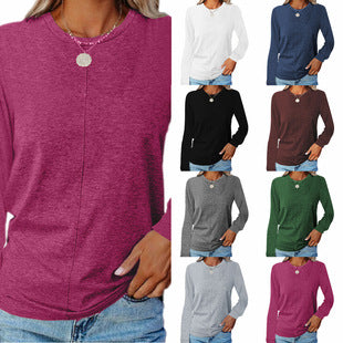 Women's Spring Summer Waffle Knit Crew Neck Patchwork Pullover Long Sleeve T-Shirt Casual Loose Top