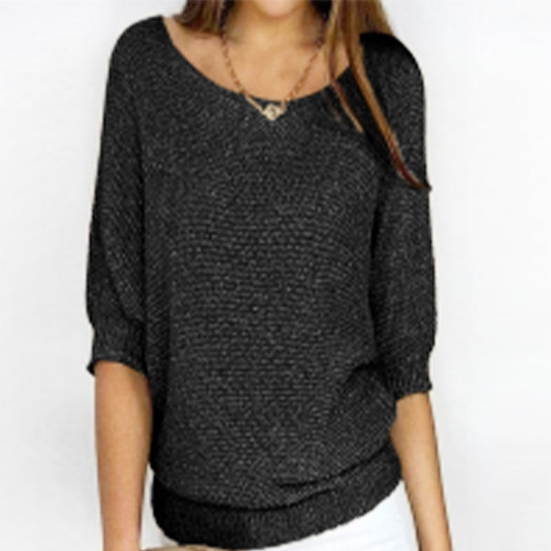 Women's Solid Color Crew Neck Knit Top – Elegant 3/4 Sleeve Blouse for Work & Casual Wear