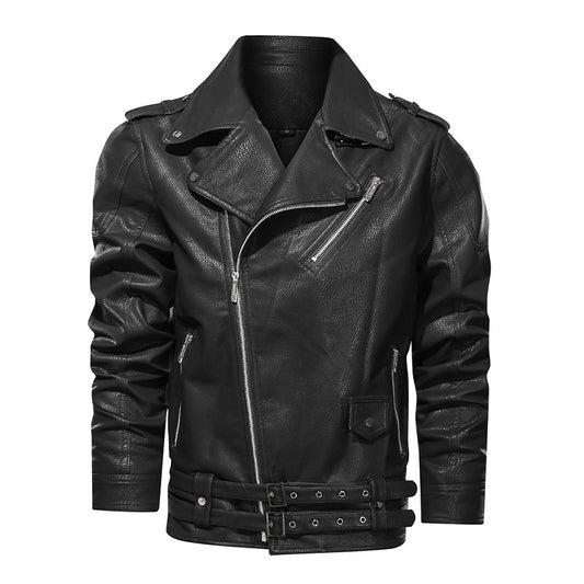 Men's Jacket outerwear PU leather jacket with multiple zipper belt leather jacket autumn and winter hip-hop jacket