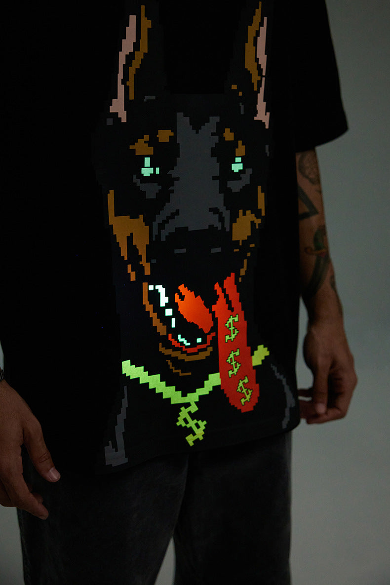 Men's T-shirt American Luminous Doberman Pinscher Printed Spring and Summer American Street Fashion Brand Loose Short Sleeve Men