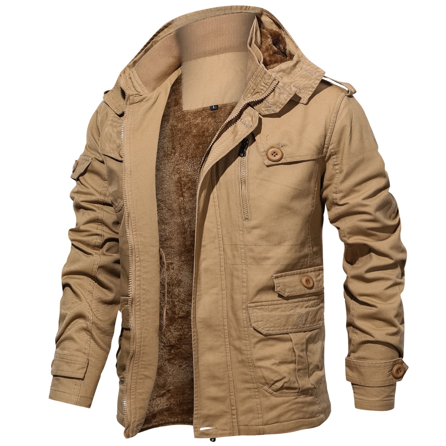 Outdoor Trendy Plus Size Men's Jacket Military Cotton Coat Fleece Lined Thickened Fashion Multi-Pocket Badge