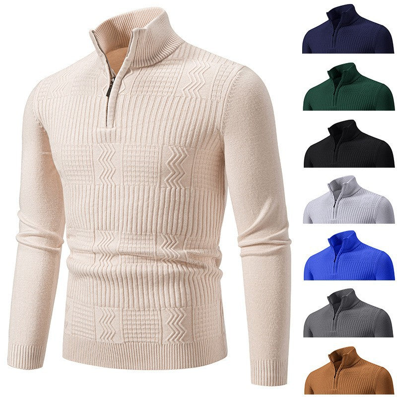 Men's knitted sweater with hood and half zipper cardigan, stand-up collar, plaid, thick and warm, M-3XL