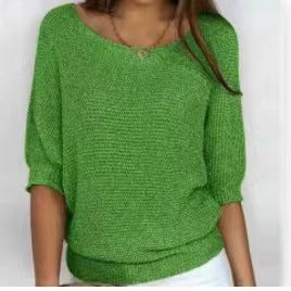 Women's Solid Color Crew Neck Knit Top – Elegant 3/4 Sleeve Blouse for Work & Casual Wear