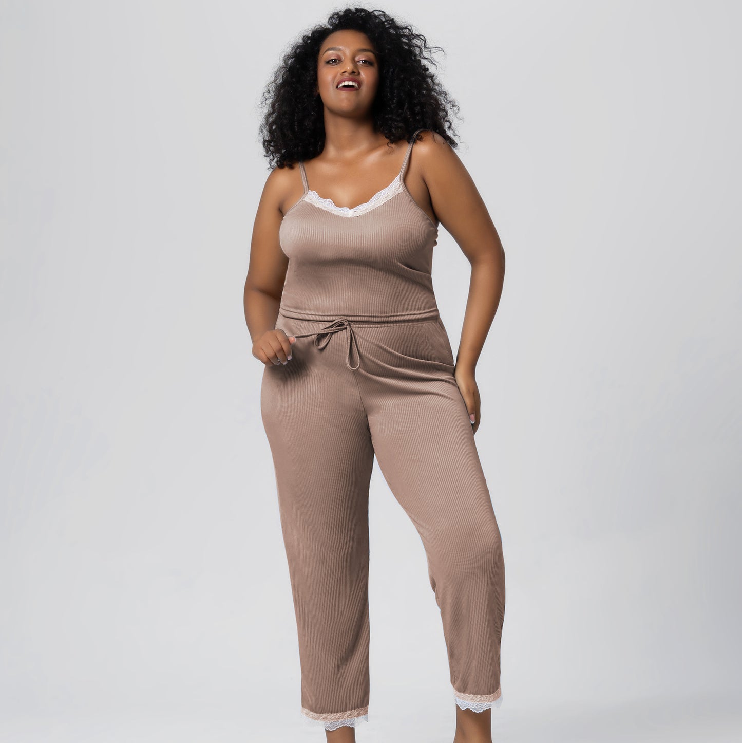 Slim Bodysuit for Women plus Size Female Summer Pajamas Pendant Cool Lace Trim Camisole Pajama Pants Home Wear Suit