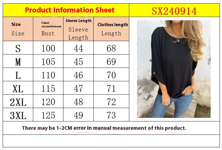 Women's Round Neck Chiffon Jacquard Blouse – Stylish Casual Loose Long Sleeve T-Shirt