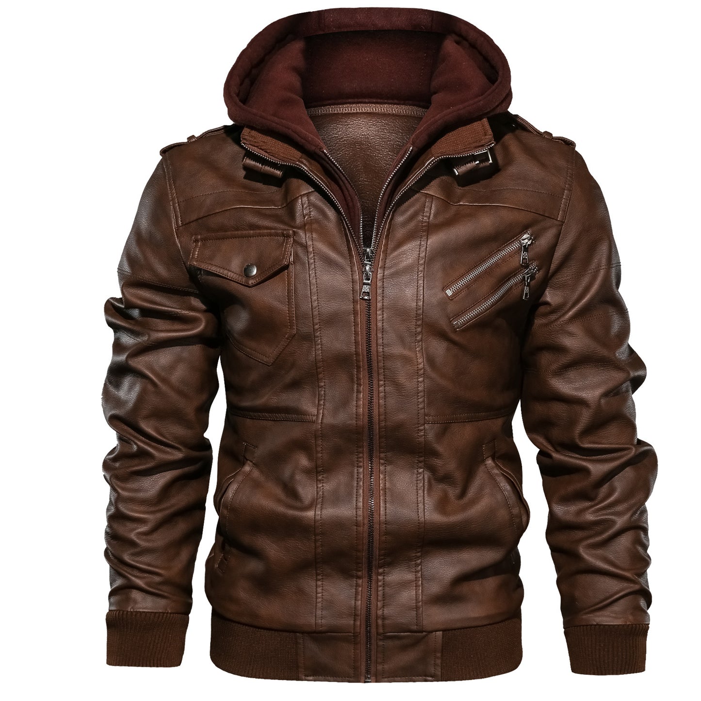 Men's PU Leather Hooded Retro Biker's Coat Windproof Stand Collar Handsome Design Double Layer Zipper Thermal and Windproof