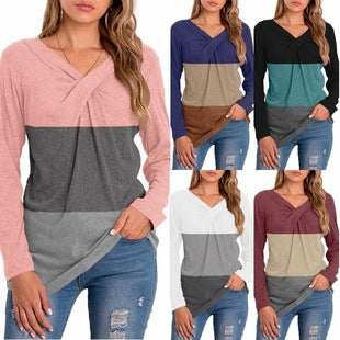 Women's Spring Summer Waffle Knit Crew Neck Patchwork Pullover Long Sleeve T-Shirt Casual Loose Top