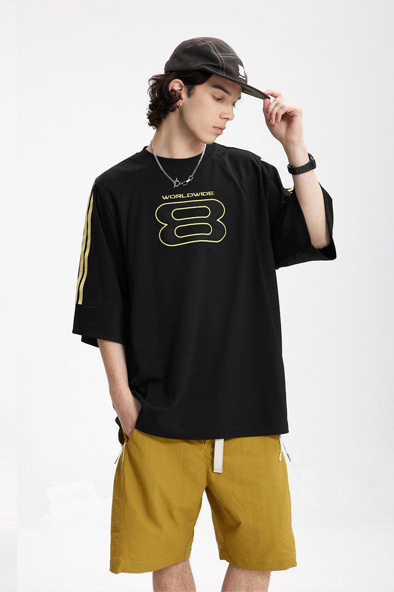 Men's T-shirt Stitching Sports Embroidery Spring and Summer New Technology Six-in-One American Style Loose Short Sleeve