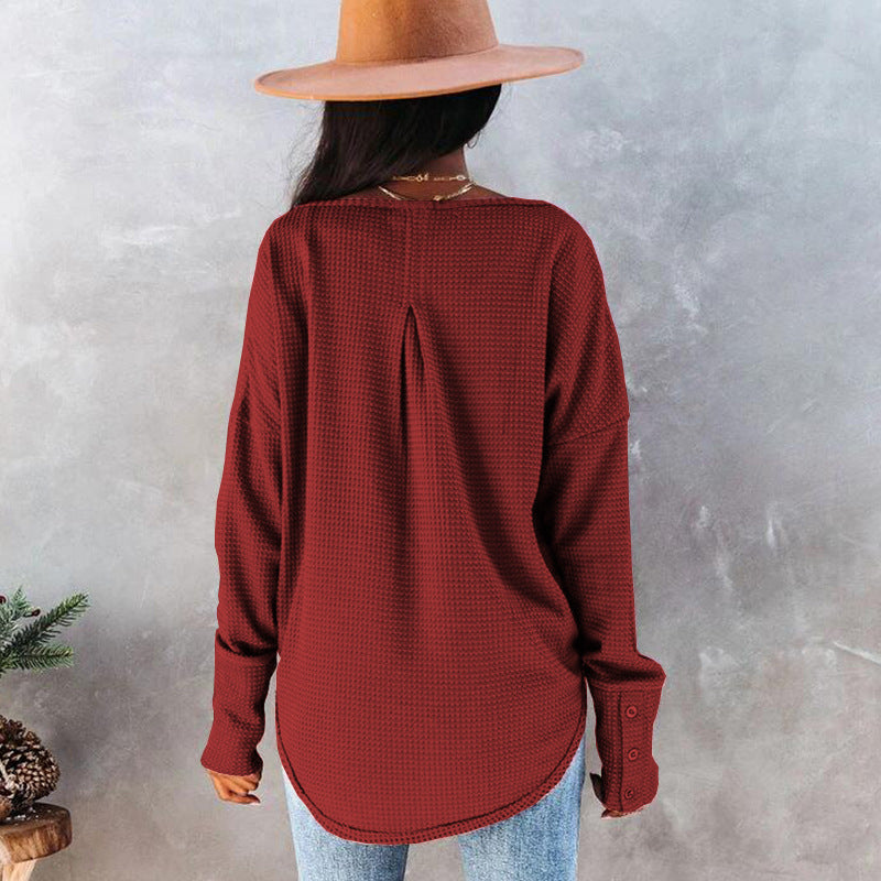 Women's Spring Summer Waffle Knit Crew Neck Patchwork Pullover Long Sleeve T-Shirt Casual Loose Top