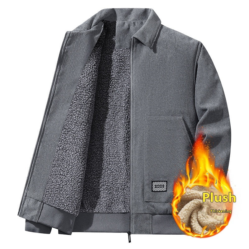 Fall/Winter New Men's Jacket Corduroy Polo Collar Solid Color Casual Middle-Aged Fleece Lined Thick Warm Jacket