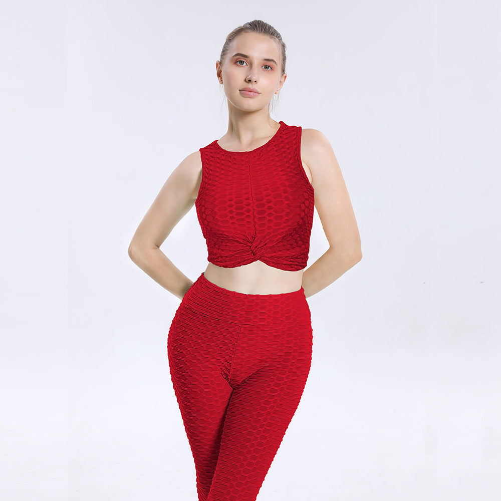 Leggings For Women  Yoga Clothes Suit Women's Sports Running Workout Outfit Suit Bubble Vest High Waist Hip Lift Yoga Pants Two-Piece Set