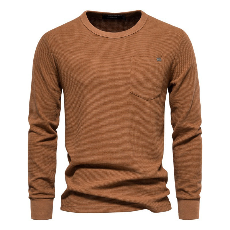 Men's Knitted Sweater Waffle Cotton Crew Neck Solid Color High Quality S-2XL