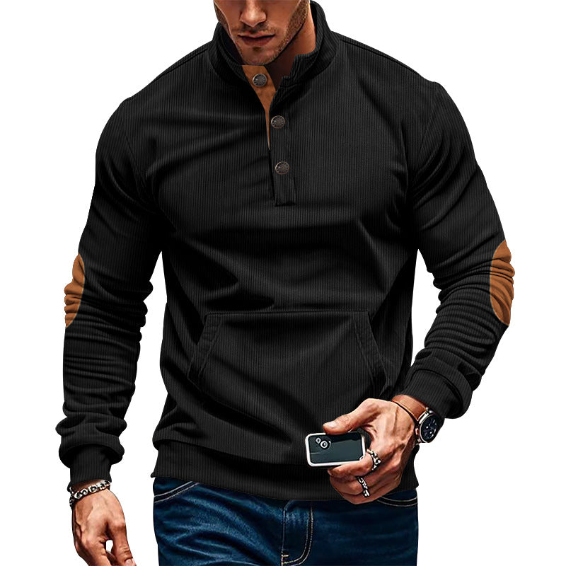 Corduroy Sweatshirts for Men Vintage Casual Long Sleeve Stand Collar Button Up Pullover Sweatshirts with Elbow Patches