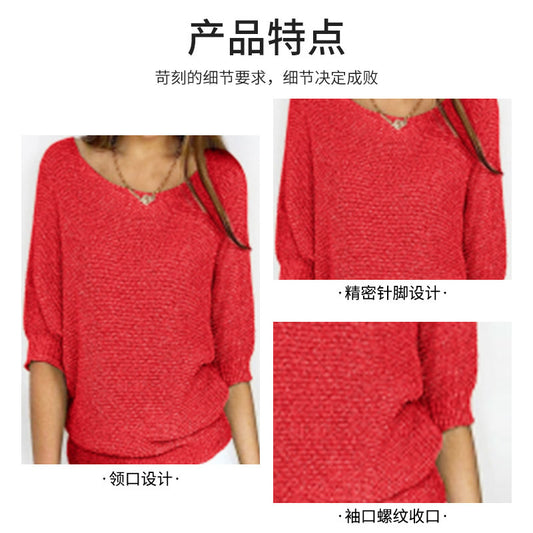 Women's Solid Color Crew Neck Knit Top – Elegant 3/4 Sleeve Blouse for Work & Casual Wear