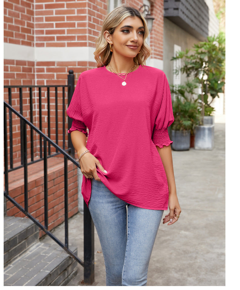 Women's Loose Plus Size Solid Color Pleated Crew Neck Top Summer New