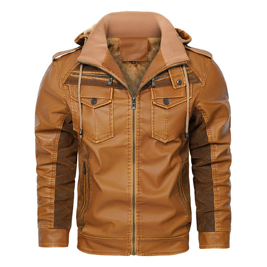 Men's Jacket Hooded PU Leather Jacket Leather Jacket Winter Fleece Jacket