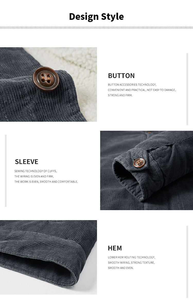 Men's Casual Jacket Corduroy Fur Collar Thermal and Windproof Fleece-lined Solid Color Button Design