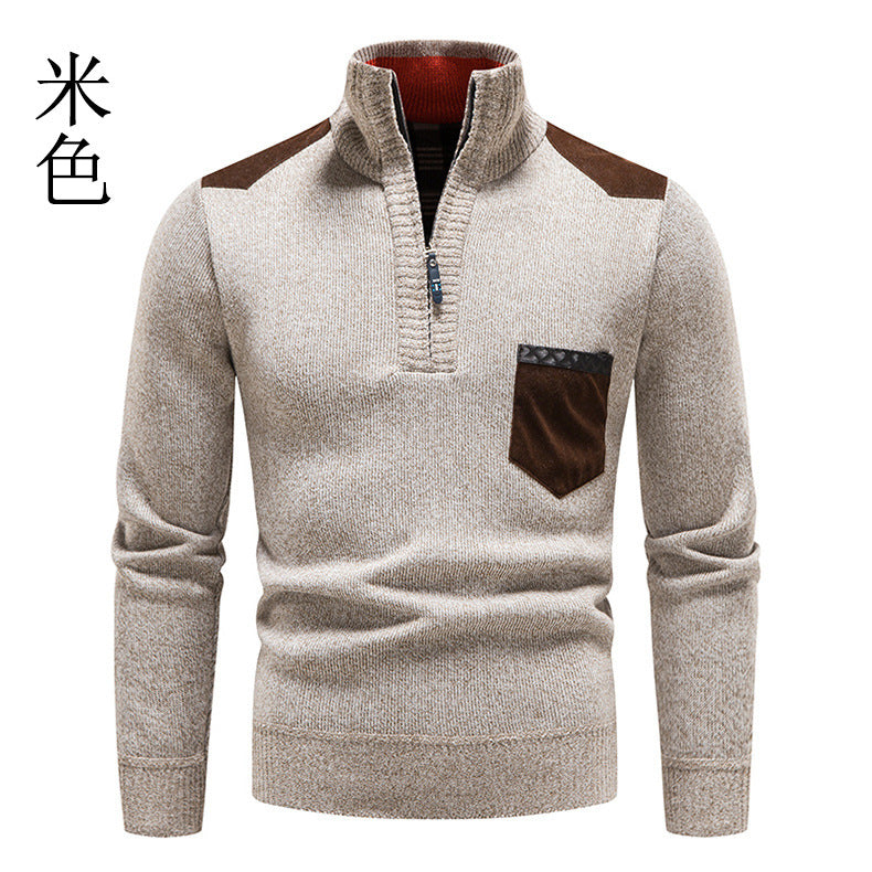 Men's knitted sweater with hood and half zipper cardigan, stand-up collar, plaid, thick and warm, M-3XL