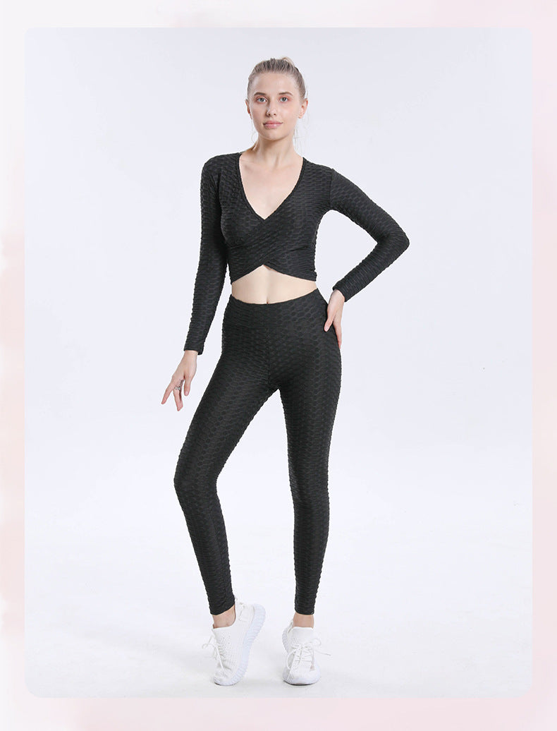 Leggings for women jacquard bubble sexy cross long-sleeved top high waist workout trousers yoga clothes suit women