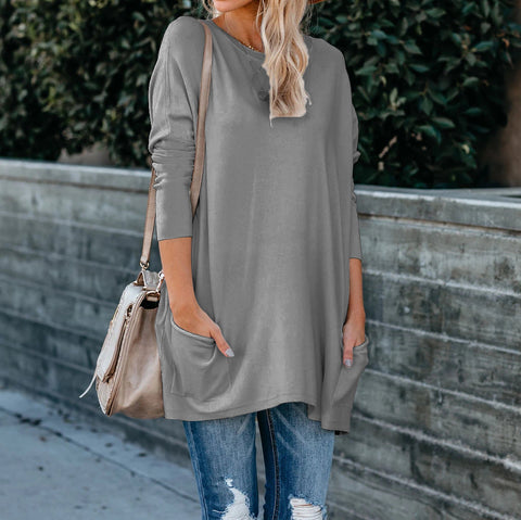 Women's Solid Color Knit Sweater: Round Neck, Long Sleeves, and Pockets