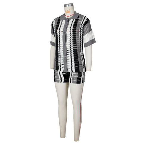 Women's Knitted Sweater Suit Sexy Lady Hollow out See-through Contrast Color Lapels