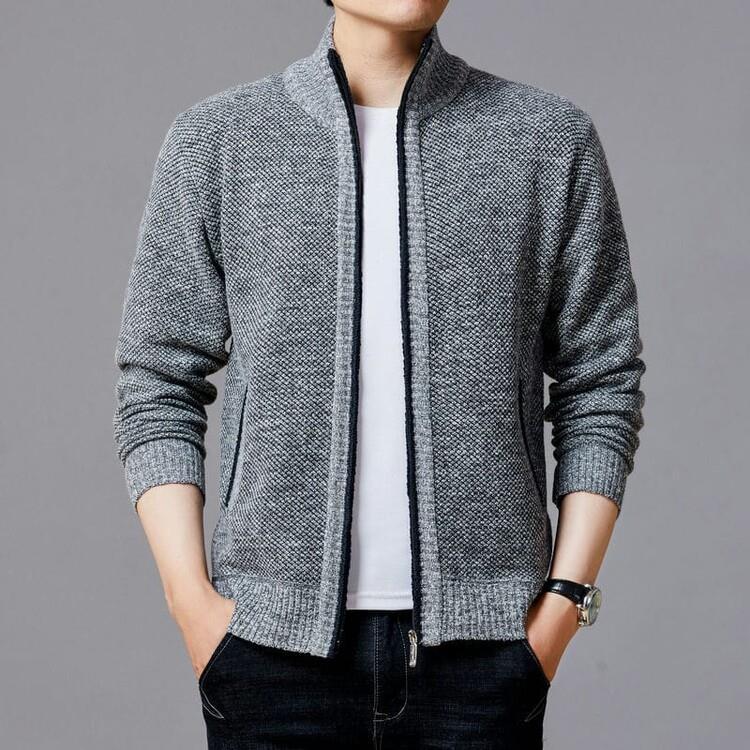 Men's knitted sweater zipper cardigan solid color stand collar plaid plus velvet warm M-3XL