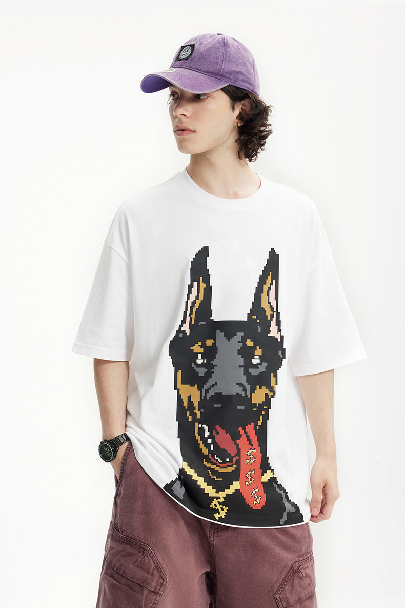 Men's T-shirt American Luminous Doberman Pinscher Printed Spring and Summer American Street Fashion Brand Loose Short Sleeve Men