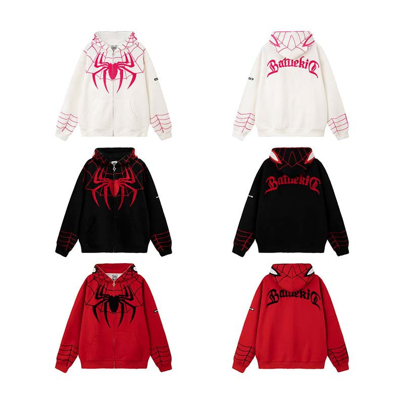 Men's cardigan hooded sweatshirt zipper retro original design sense Spider Man letter embroidery trendy brand M-XL