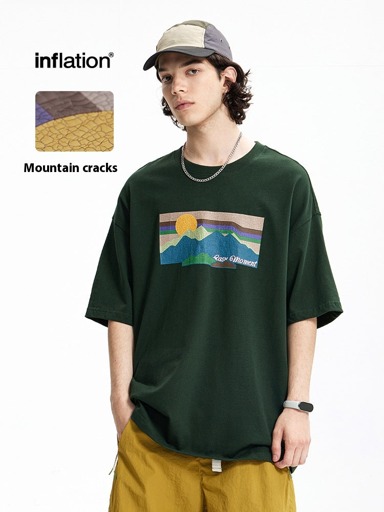 Men's T-shirt 265g mountain crack heavy sunset printing spring and summer New loose fashion brand short sleeve