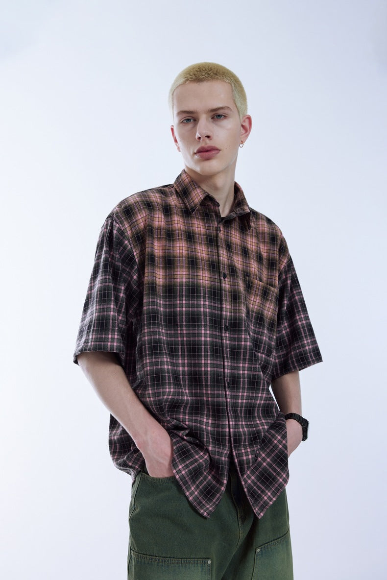 Men's Shirts Block Gradient Plaid Shirt Loose Couple Short Sleeve Checkered Shirt