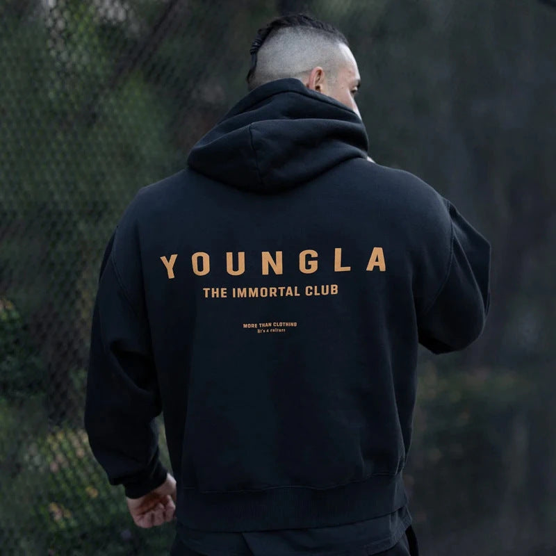 Youngla Men's Oversized Pullover Hoodie Double-Layer Composite Fabric Printed Jacket Sports Fitness Sweatshirt