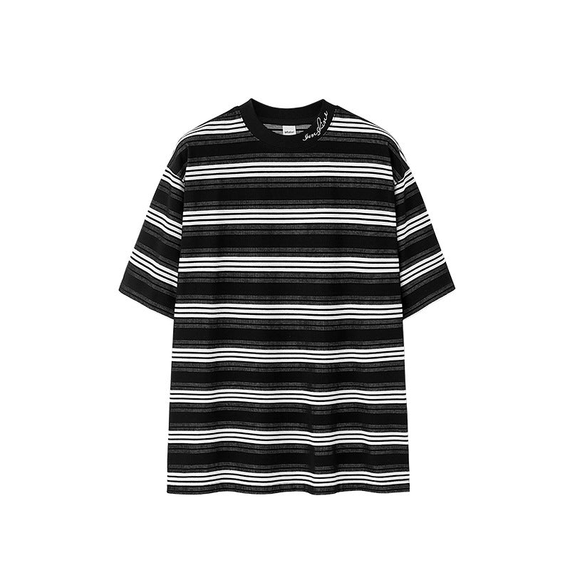 Men's T-shirt Fine Woven Plaid Striped Spring and Summer New Street Casual Loose Embroidered Men's Short Sleeve